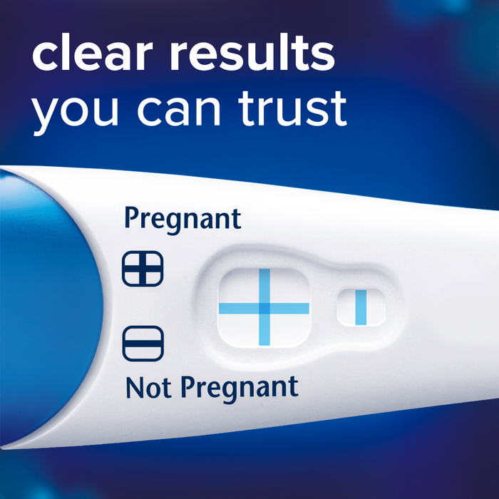 Clearblue Flip & Click Pregnancy Test showing result window with blue plus sign, "Pregnant" and "Not Pregnant" labels on dark blue background.