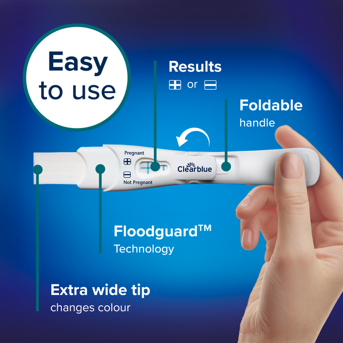 Clearblue Flip & Click Pregnancy Test held in hand on blue background, showing foldable handle, Floodguard Technology, and extra wide tip labels.