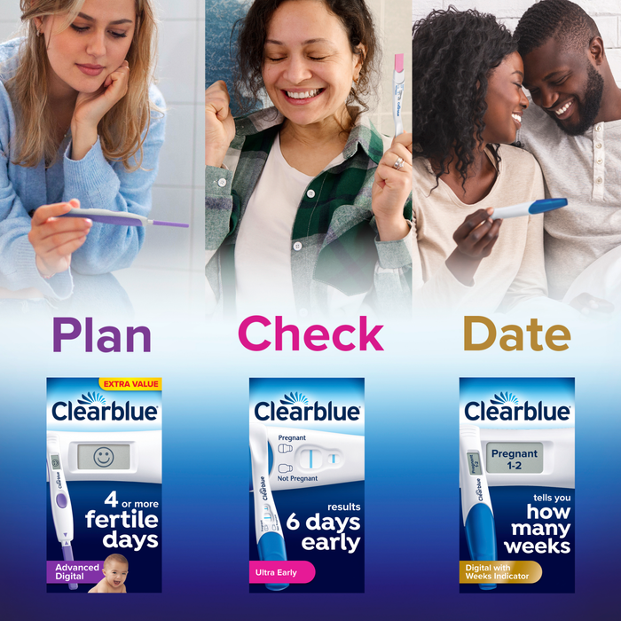 Three Clearblue pregnancy test boxes on blue background labelled Plan, Check, Date showing Advanced Digital, Ultra Early, and Digital with Weeks Indicator.
