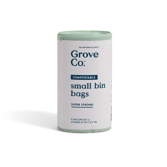 Grove Co. Compostable Food Scrap Bags - 4 Gallon (25 count) are BPI-certified, super strong small bin liners for kitchen compost pails. Packaging is white and light green.