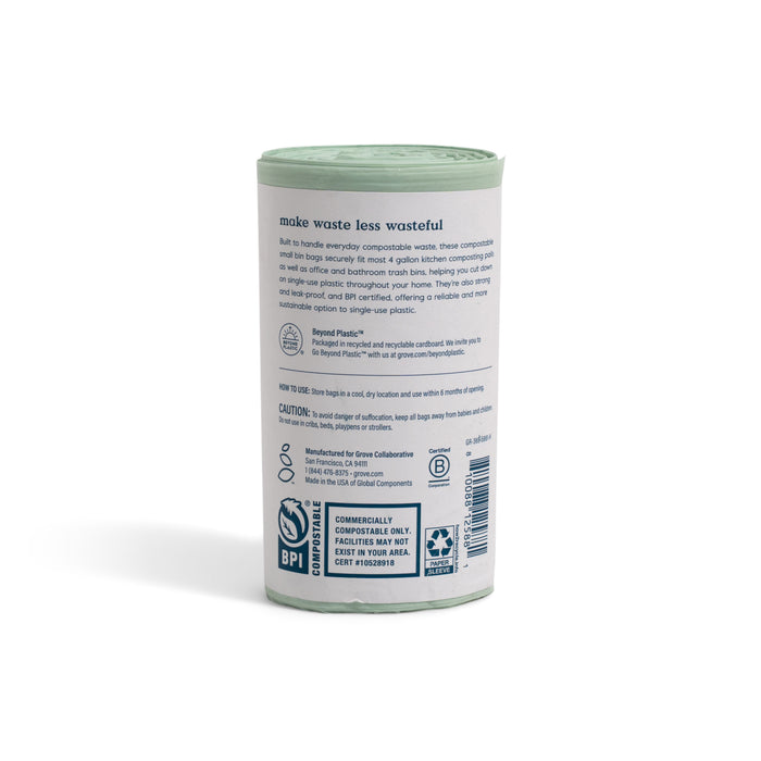 A roll of Grove Co. Compostable Food Scrap Bags - 4 Gallon stands upright, showing product info and BPI-certified logos for use in kitchen compost pails or 4 gallon bins against a white background.