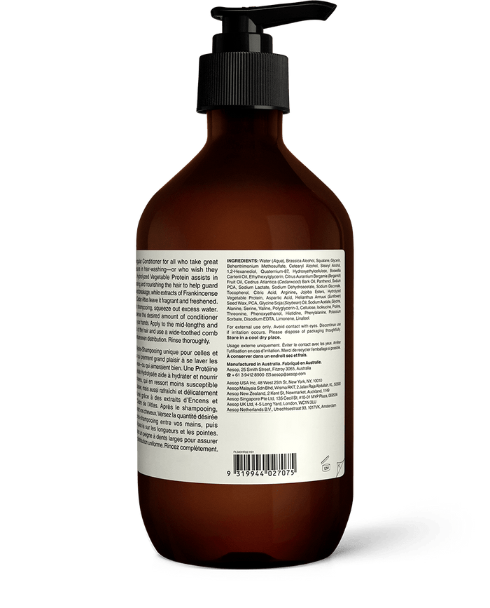 Back of the 500ml bottle of Aesop Conditioner displaying ingredients and manufacturing information
