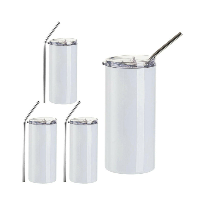 Craft Express 4 Pack 16oz Stainless Steel Skinny Sublimation Tumblers with Lids and Straws.