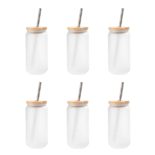 Craft Express 18oz Frosted Glass Sublimation Cans with Bamboo Lids and Glass Straws