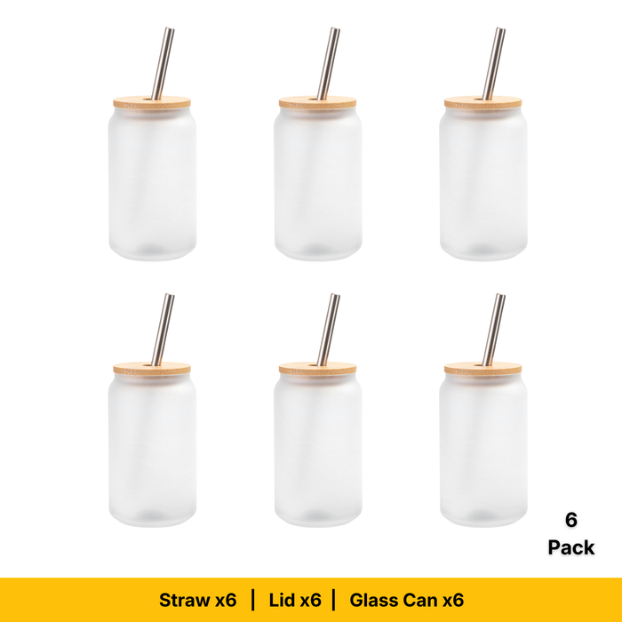 Craft Express 18oz Frosted Glass Sublimation Cans with Bamboo Lids and Glass Straws