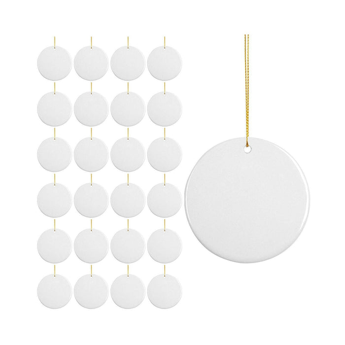 Craft Express 3" Round Double-Sided Sublimation Ceramic Ornaments – Glossy White with Strings.