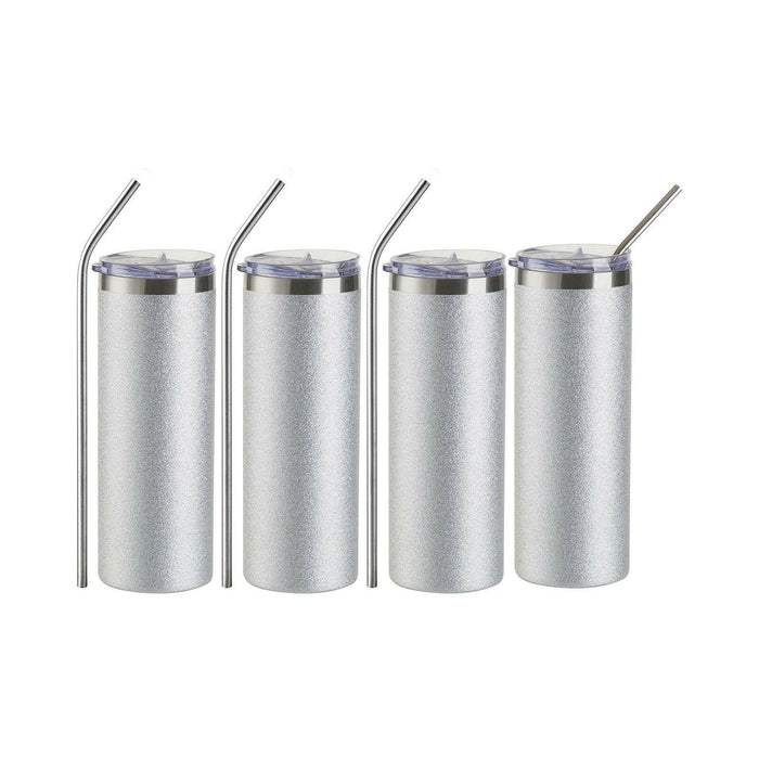 Craft Express 4 Pack 20oz Silver Glitter Stainless Steel Skinny Sublimation Tumblers.