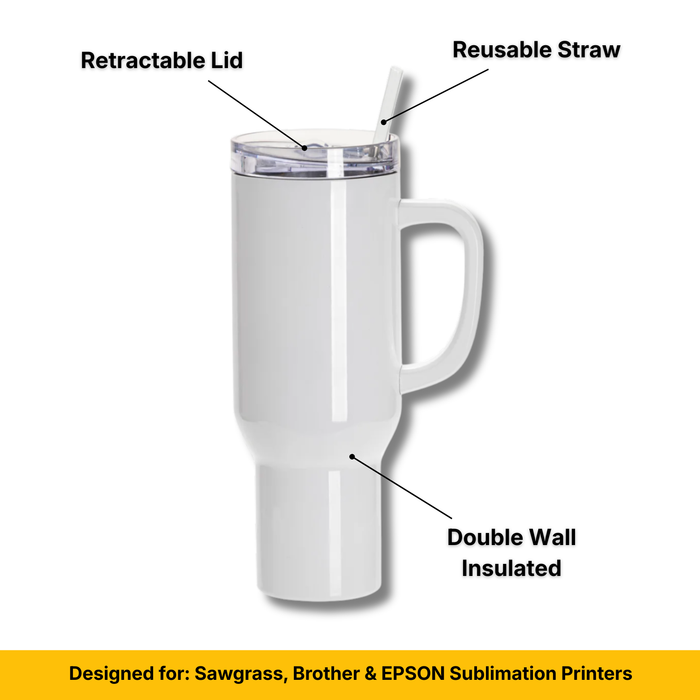 Craft Express 40oz White Travel Tumbler with Lid, Straw & Handle, Sublimation Ready