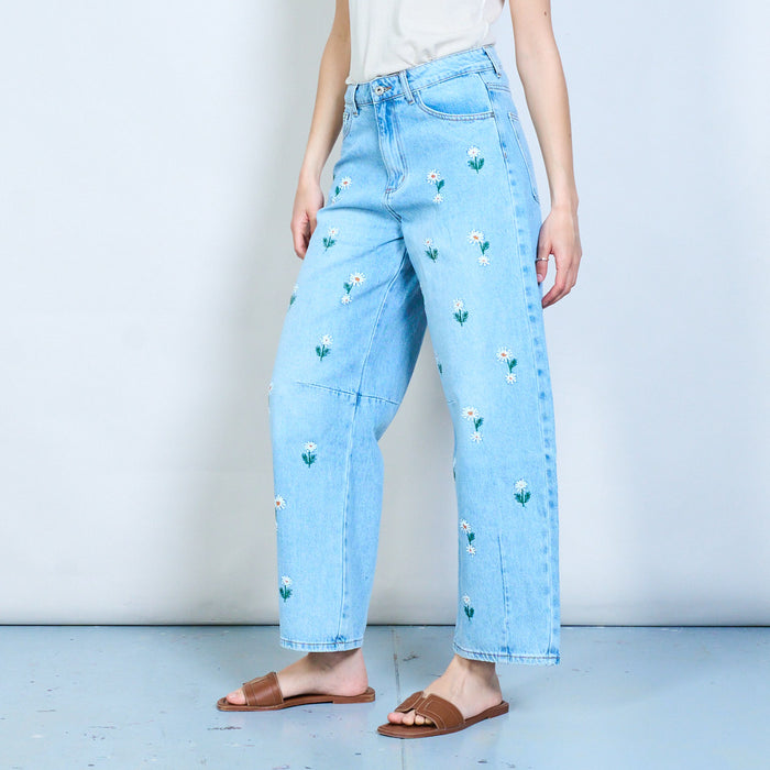 Daisy embroidered denim trousers wholesale