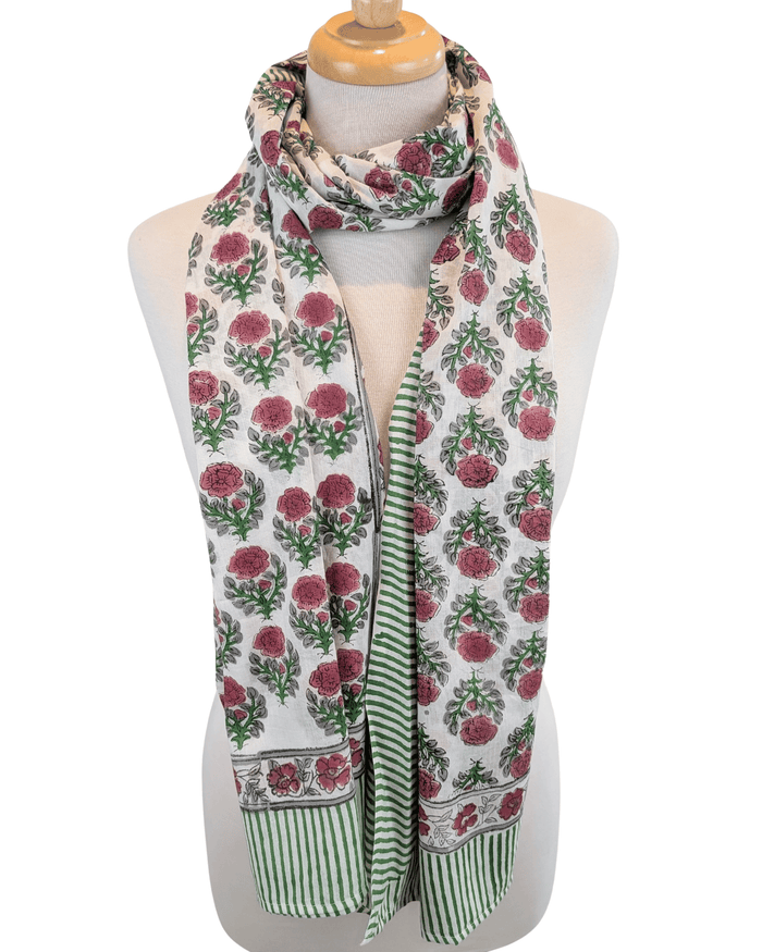 Deep Pink & Green Block Print Cotton Pareo Sarong Scarf - Precious Sparkle