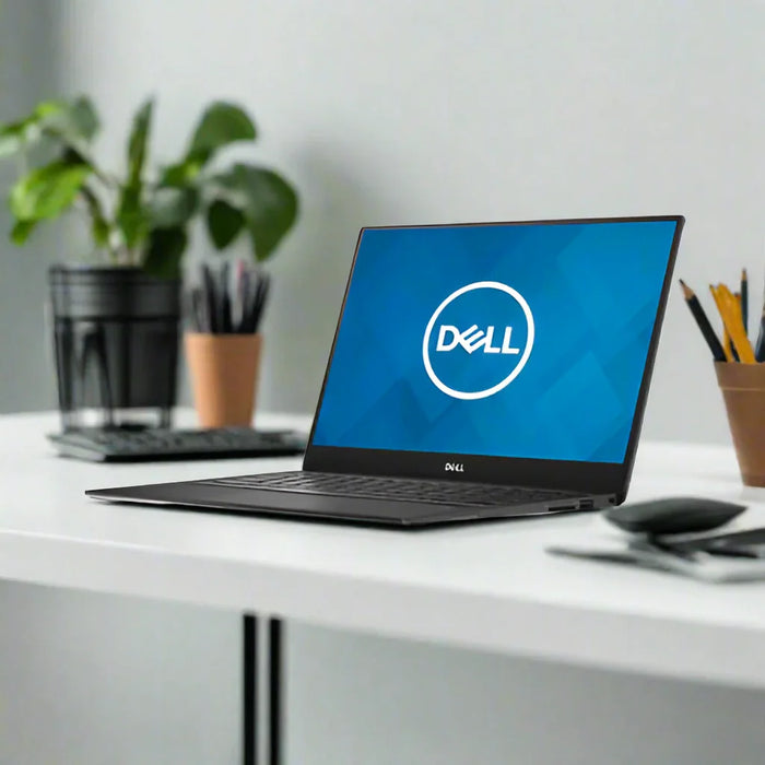 A certified refurbished Dell XPS 13 9360 i7 7560U 2.4GHz 16GB 512GB SSD QHD+ Touch sits on a white desk, blue screen showing the Dell logo, surrounded by office supplies and plants in a modern workspace.