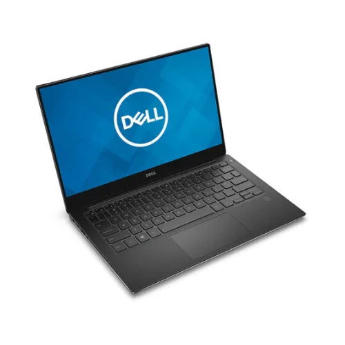 A certified refurbished Dell XPS 13 9360 (i7-7560U, 16GB RAM, 512GB SSD, 13.3" QHD+ Touch, W11P) is open on a white background with a blue screen displaying the Dell logo.