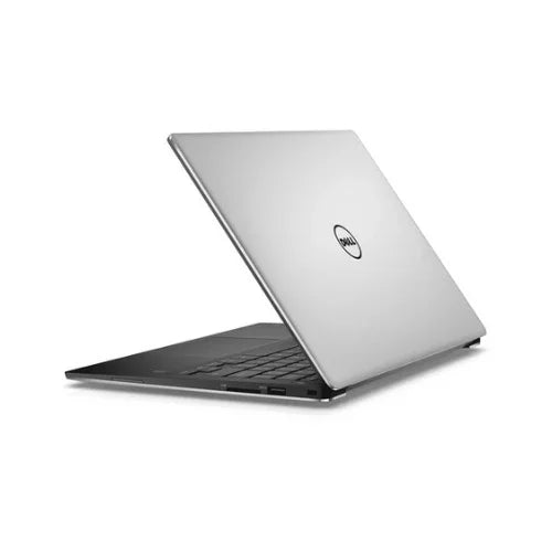 A silver certified refurbished Dell XPS 13 9360 ultrabook, partially open and viewed from the back left, features the Dell logo on the lid and shows side ports. Specs: i7-7560U, 16GB RAM, 512GB SSD, 13.3" QHD+ Touch.