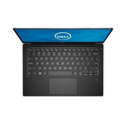 Top view of a certified refurbished Dell XPS 13 9360, featuring an i7-7560U 2.4GHz CPU, 16GB RAM, 512GB SSD, QHD+ touchscreen, and black keyboard. The blue screen displays the Dell logo on a white background.