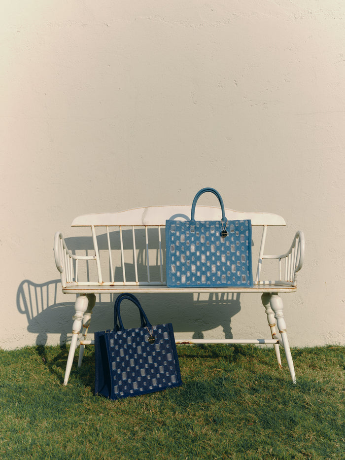 Distressed denim tote with mirror panel detail wholesale