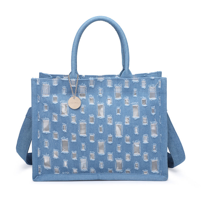 Distressed denim tote with mirror panel detail wholesale