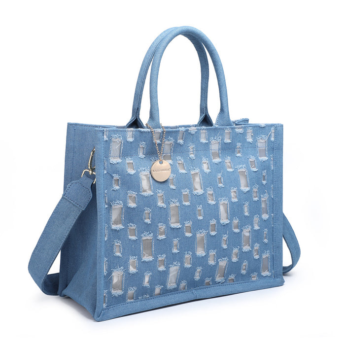 Distressed denim tote with mirror panel detail wholesale