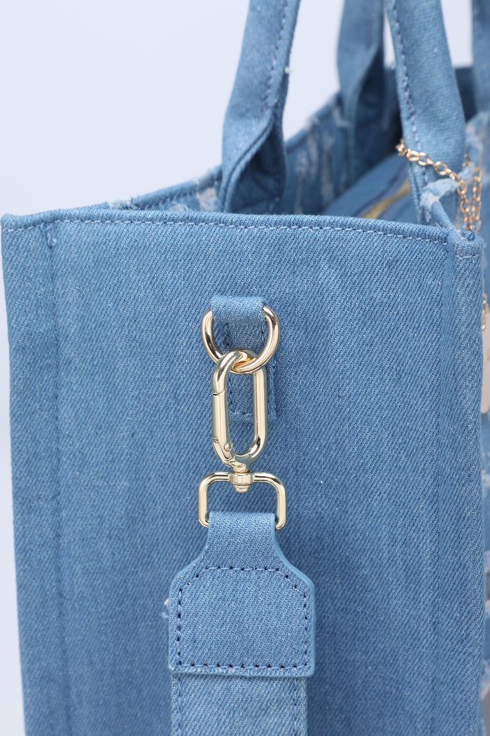 Distressed denim tote with mirror panel detail wholesale