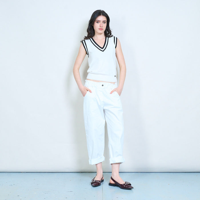 Elastic waist tapered cotton trousers with rolled hem wholesale