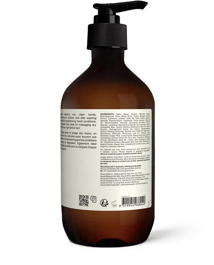 Back of the 500ml bottle of Aesop Eleos Aromatique Hand Balm displaying ingredients and manufacturing information
