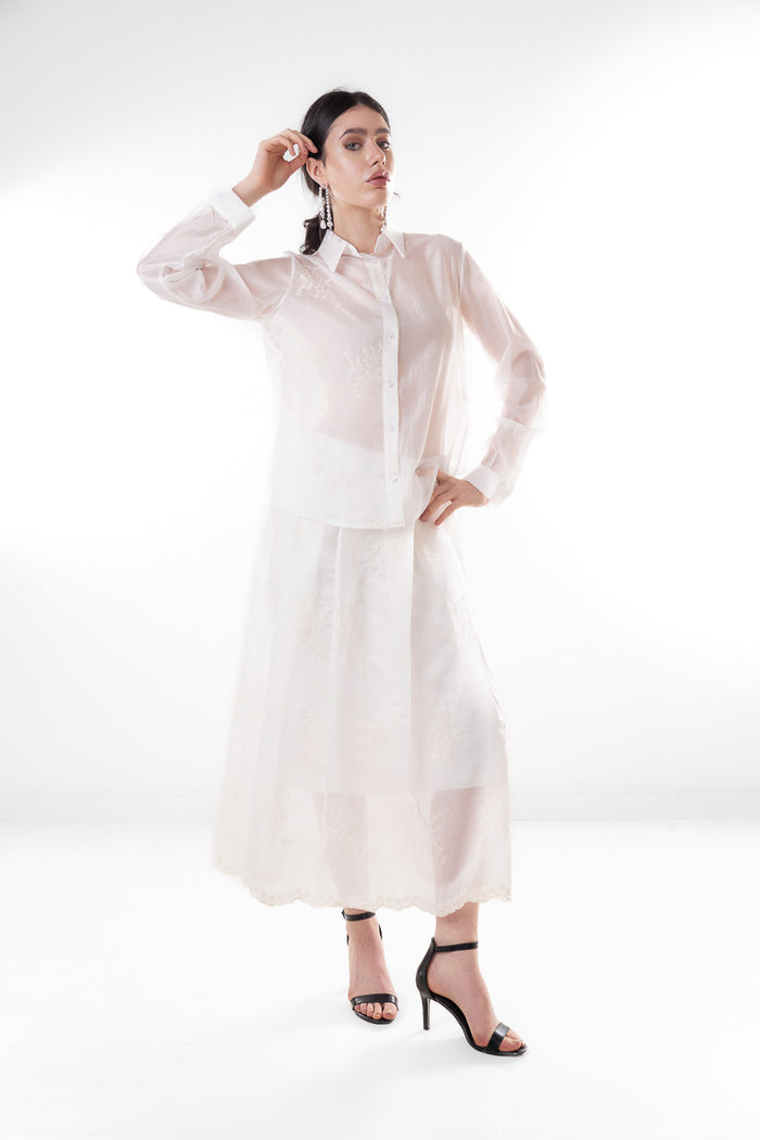 Embroidered sheer flowy high waist midi skirt wholesale