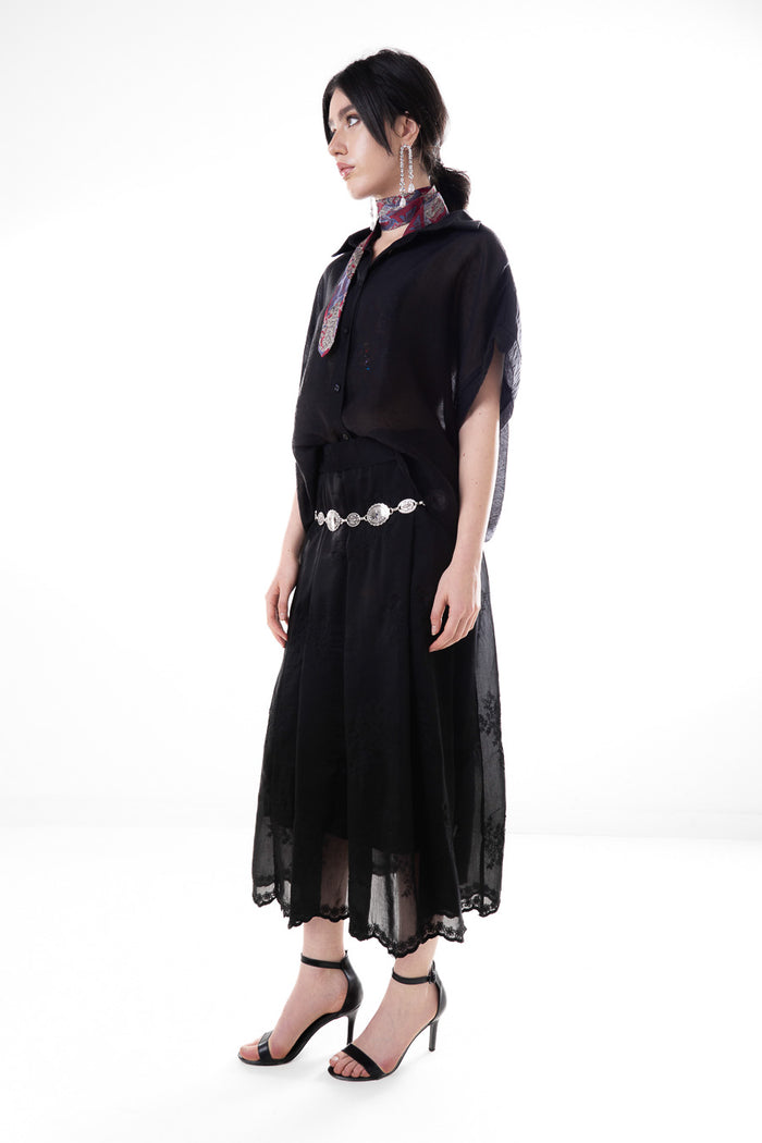 Embroidered sheer flowy high waist midi skirt wholesale