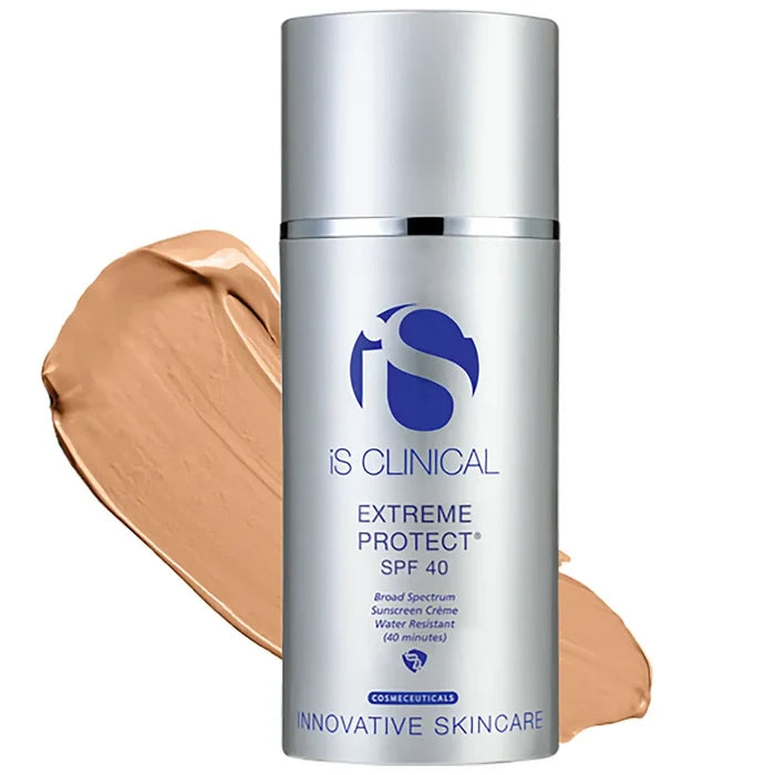 Silver pump bottle of iS Clinical Extreme Protect SPF 40 sunscreen with beige cream swatch behind