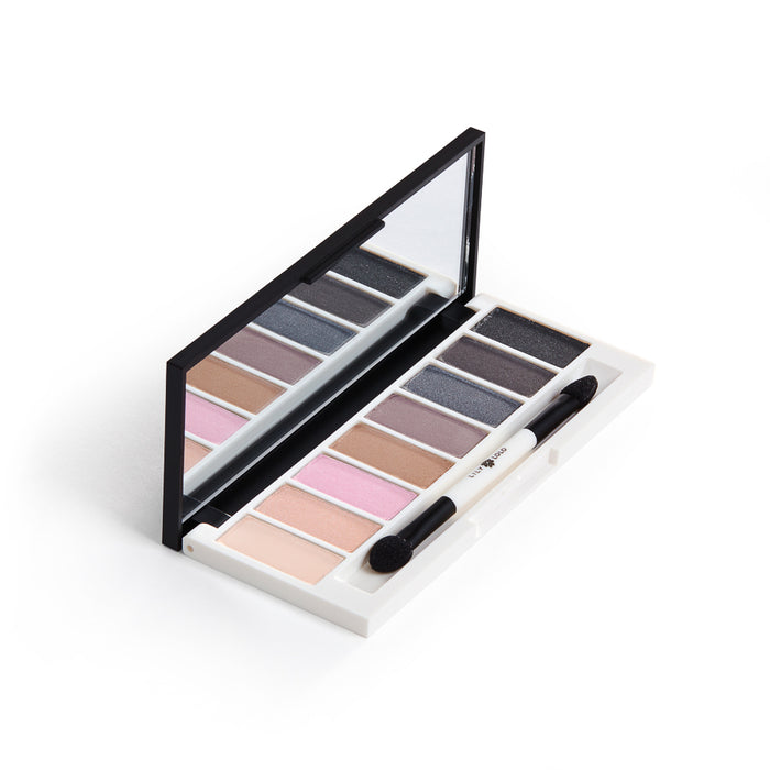 Discover the Lily Lolo Eye Palette, featuring a range of wearable shades from light pink to dark grey. This natural ingredient palette includes a mirror and a dual-ended brush for easy application.