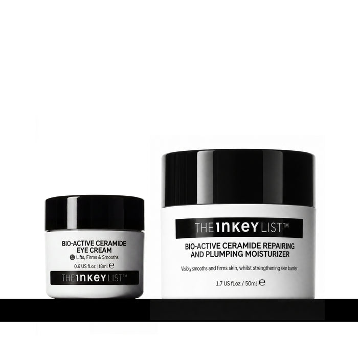 Two skincare jars from The Inkey List on a black surface against a white background: a smaller Bio-Active Ceramide Eye Cream jar and a larger Bio-Active Ceramide Repairing and Plumping Moisturizer jar.