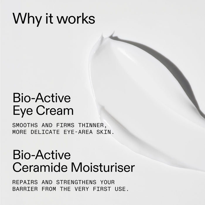 A clean white and light gray promotional graphic with text reading 'Why it works,' 'Bio-Active Eye Cream,' and 'Bio-Active Ceramide Moisturiser,' alongside a large smear of white cream.