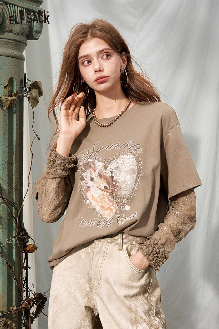 Fake Two-Piece Lace Long Sleeve Deer Graphic Tee