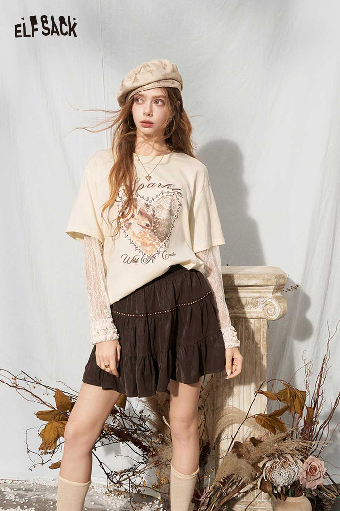 Fake Two-Piece Lace Long Sleeve Deer Graphic Tee
