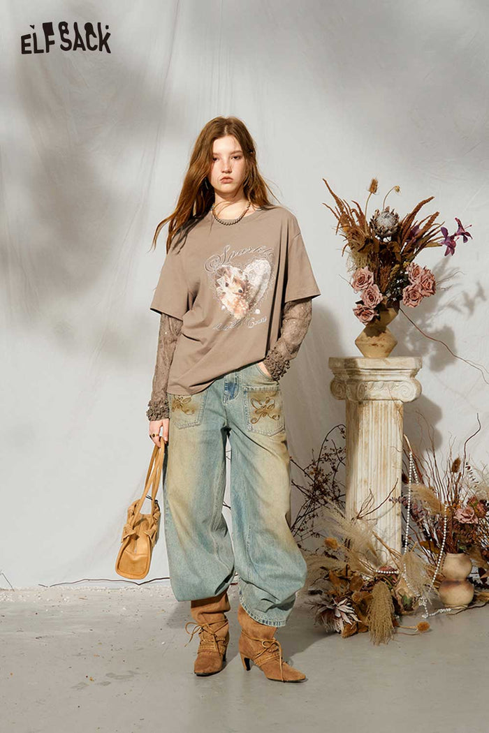 Fake Two-Piece Lace Long Sleeve Deer Graphic Tee
