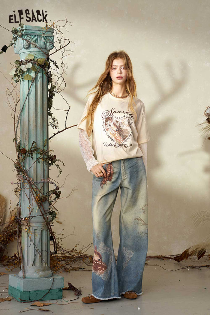 Fake Two-Piece Lace Long Sleeve Deer Graphic Tee