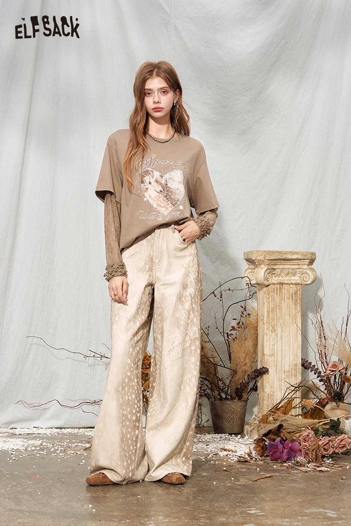 Fake Two-Piece Lace Long Sleeve Deer Graphic Tee