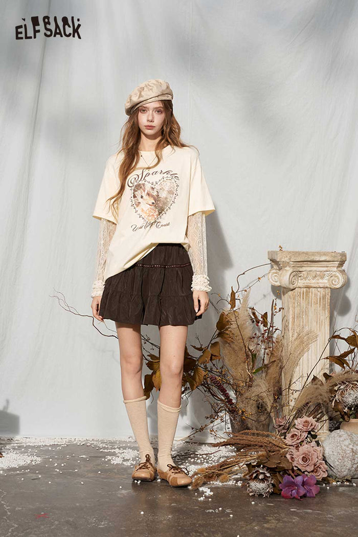 Fake Two-Piece Lace Long Sleeve Deer Graphic Tee