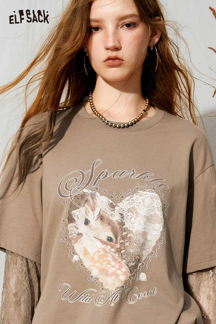 Fake Two-Piece Lace Long Sleeve Deer Graphic Tee