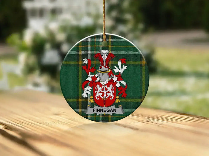 Finnegan Family Crest Plaid Ceramic Ornament