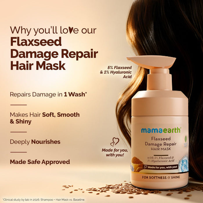 Flaxseed Damage Repair Hair Mask with 5% Flaxseed, 1% Hyaluronic Acid, Ceramides for Softness & Shine - 300 ml