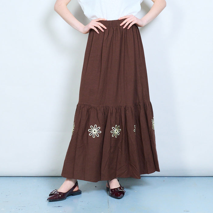 Floral applique tiered ruffle hem elastic waist midi skirt wholesale