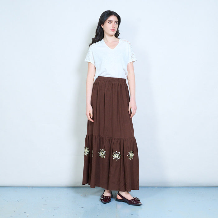 Floral applique tiered ruffle hem elastic waist midi skirt wholesale