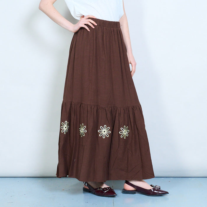 Floral applique tiered ruffle hem elastic waist midi skirt wholesale