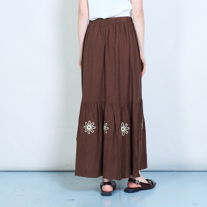 Floral applique tiered ruffle hem elastic waist midi skirt wholesale