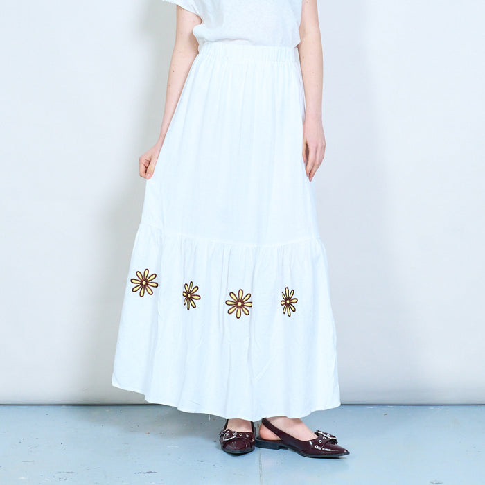Floral applique tiered ruffle hem elastic waist midi skirt wholesale