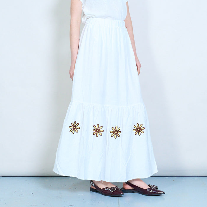 Floral applique tiered ruffle hem elastic waist midi skirt wholesale