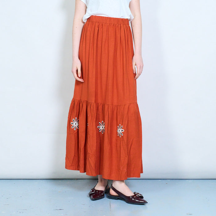Floral applique tiered ruffle hem elastic waist midi skirt wholesale