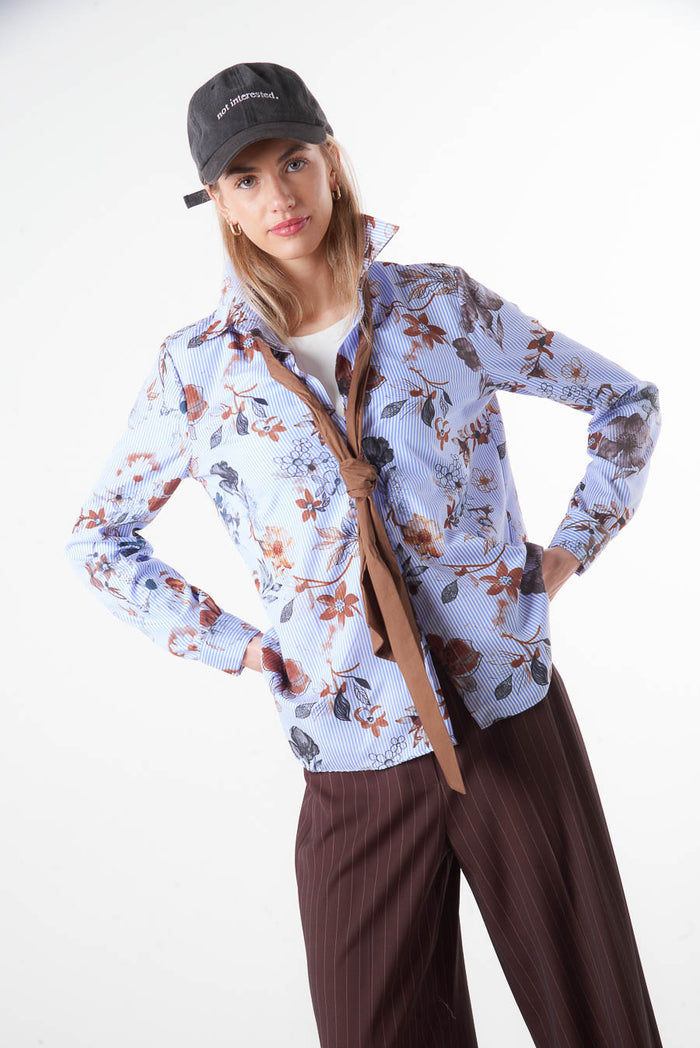 Floral print striped button-up shirt blouse wholesale