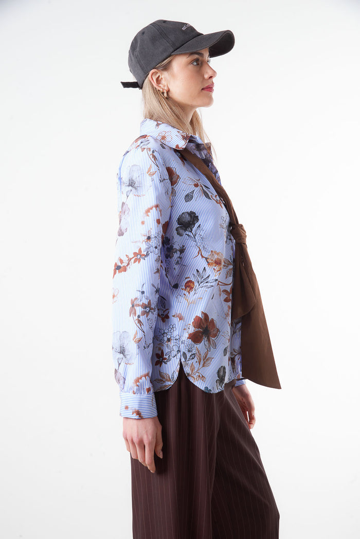 Floral print striped button-up shirt blouse wholesale