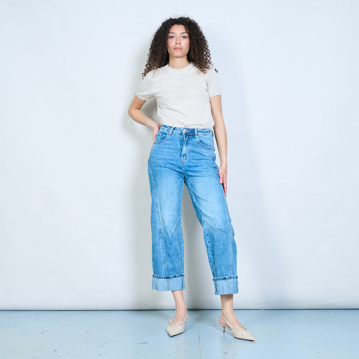 Folded hem straight-leg denim jeans with panel stitch detail wholesale