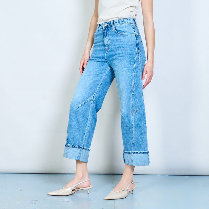 Folded hem straight-leg denim jeans with panel stitch detail wholesale